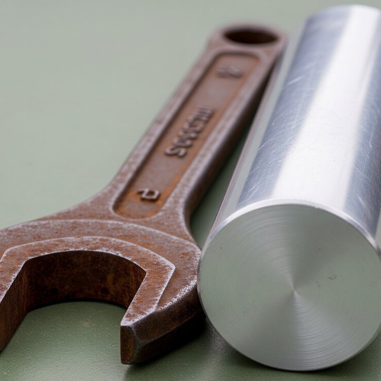 A close-up of a well-worn, rusty iron wrench beside a sleek, reflective aluminum cylinder, highlighting the difference in their materials and age.